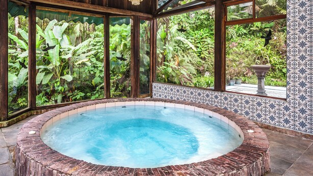 A hot tub surrounded by large windows with a view of lush greenery. - Sachatamia Lodge (Mindo)