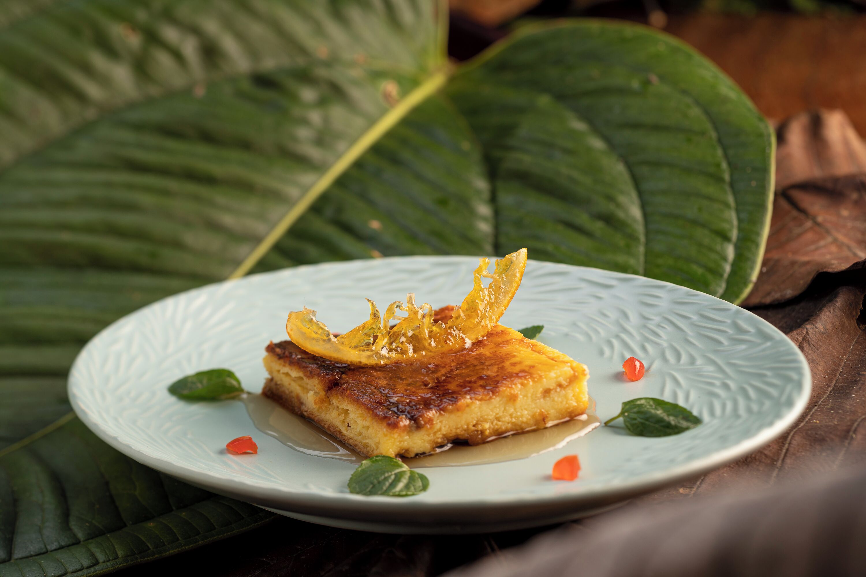 A dessert on a plate with a textured design, surrounded by green leaves.