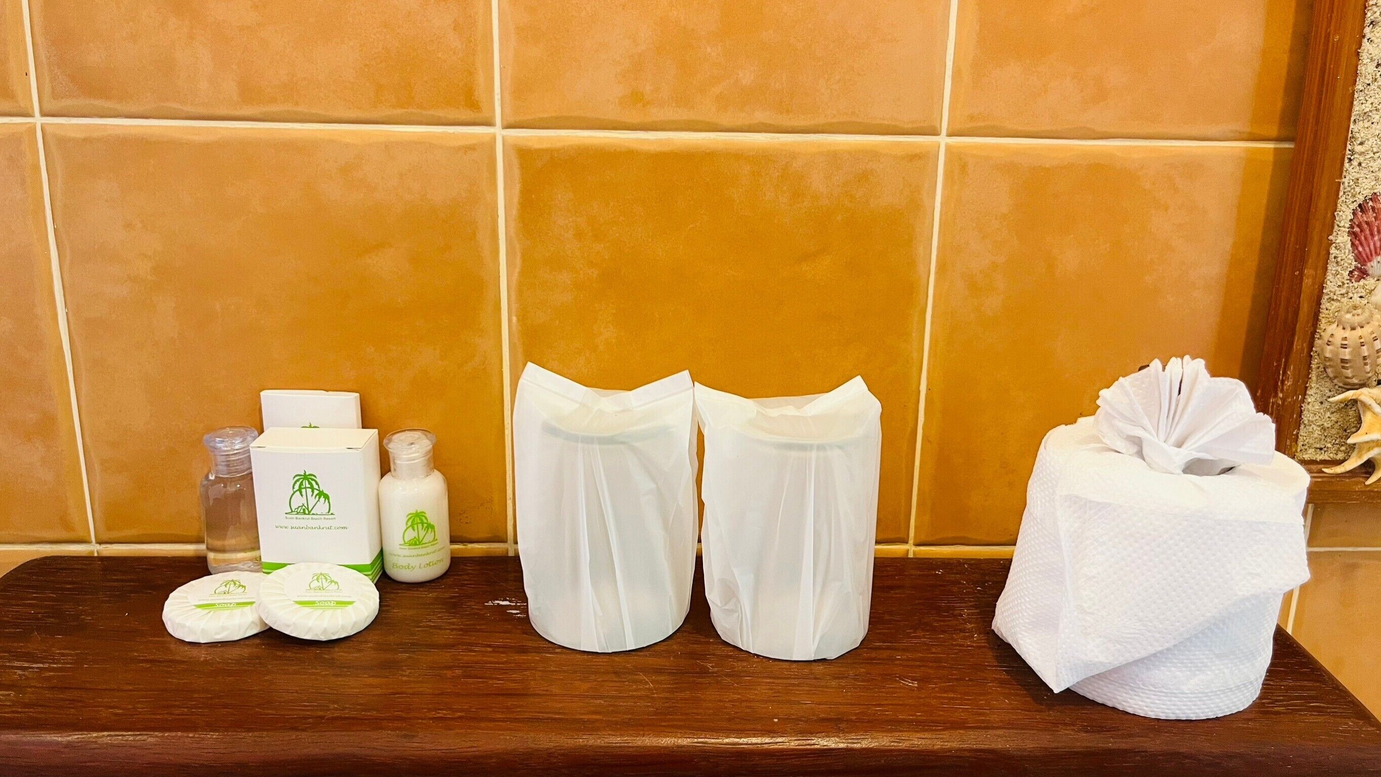 A bathroom shelf with toiletries including soap, lotion, and towels.