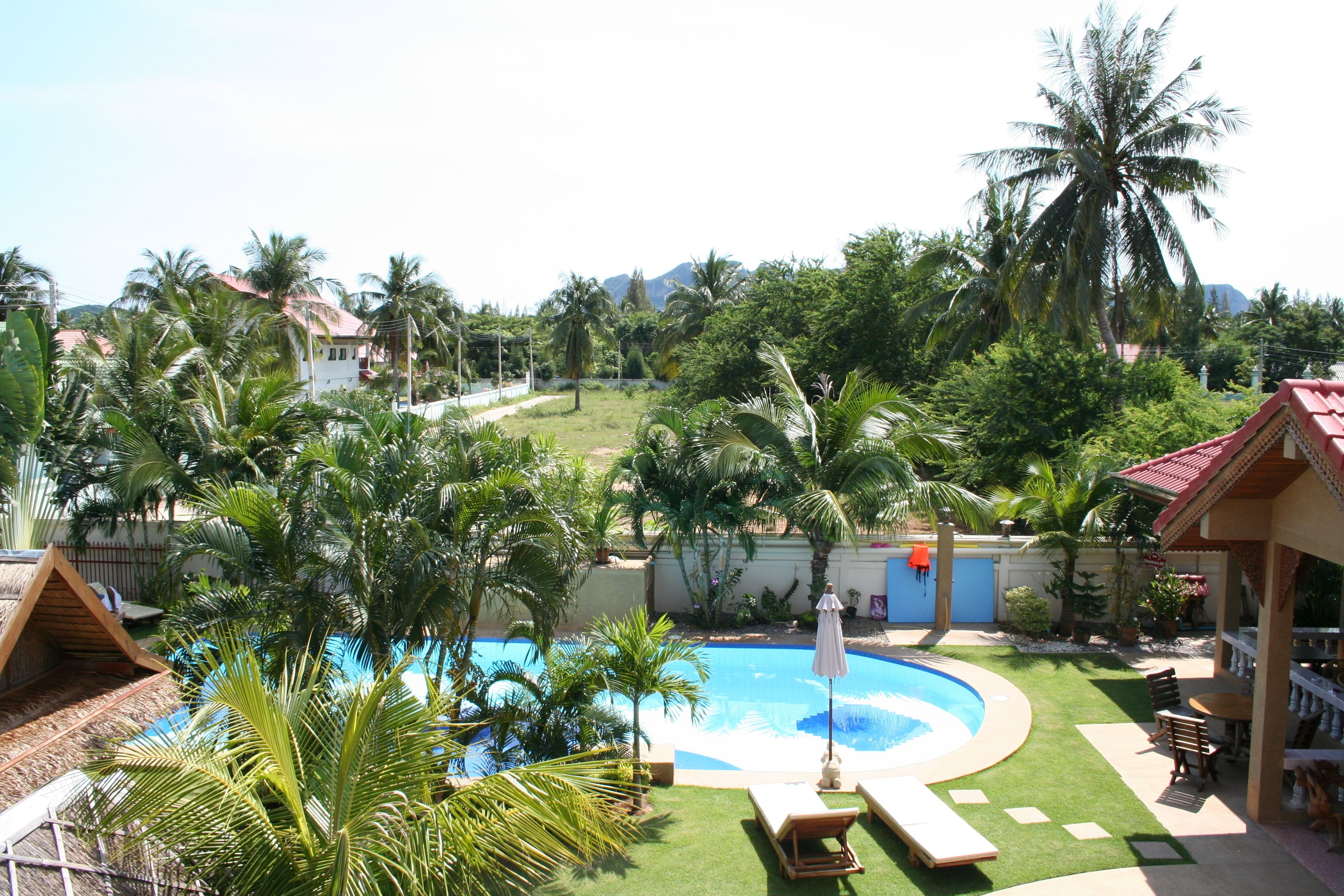 A pool area with a circular pool, lounge chairs, and palm trees.