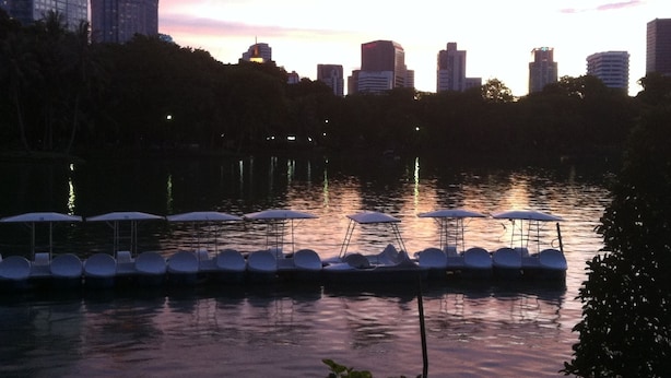 A serene lakeside view with a row of paddle boats and umbrellas, surrounded by city buildings and trees. - Smile Society Boutique Hostel (Bangkok)