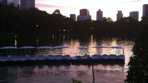 A serene lakeside view with a row of paddle boats and umbrellas, surrounded by city buildings and trees.