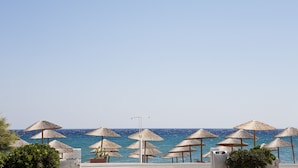A beachside view with multiple thatched umbrellas and a clear blue sky.