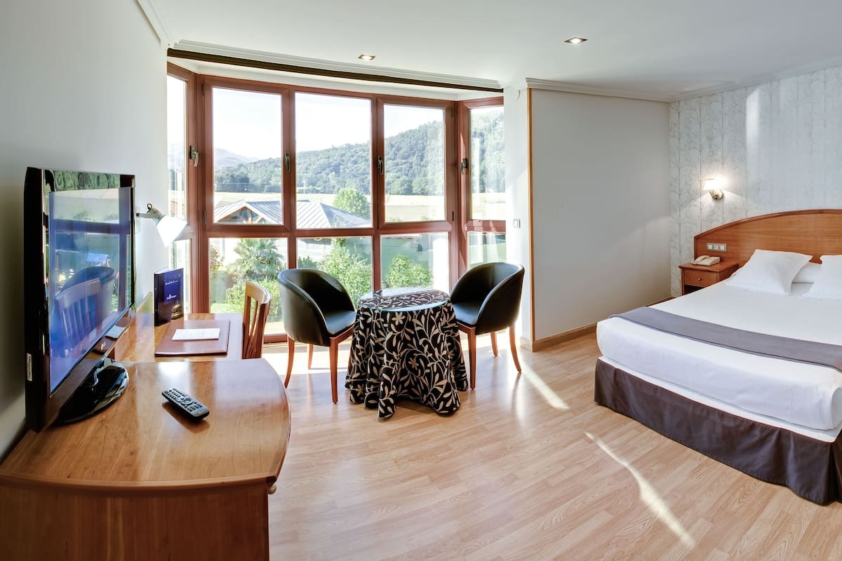 A hotel room with a large bed, a desk with a TV, a table with two chairs, and a view of the outdoors.