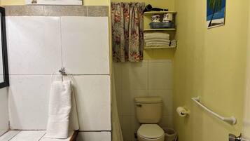 A bathroom with a bathtub, toilet, and shower area.