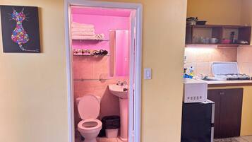 Ein Badezimmer mit rosa Gestaltung, einer Toilette, einem Waschbecken und einer Duschkabine.