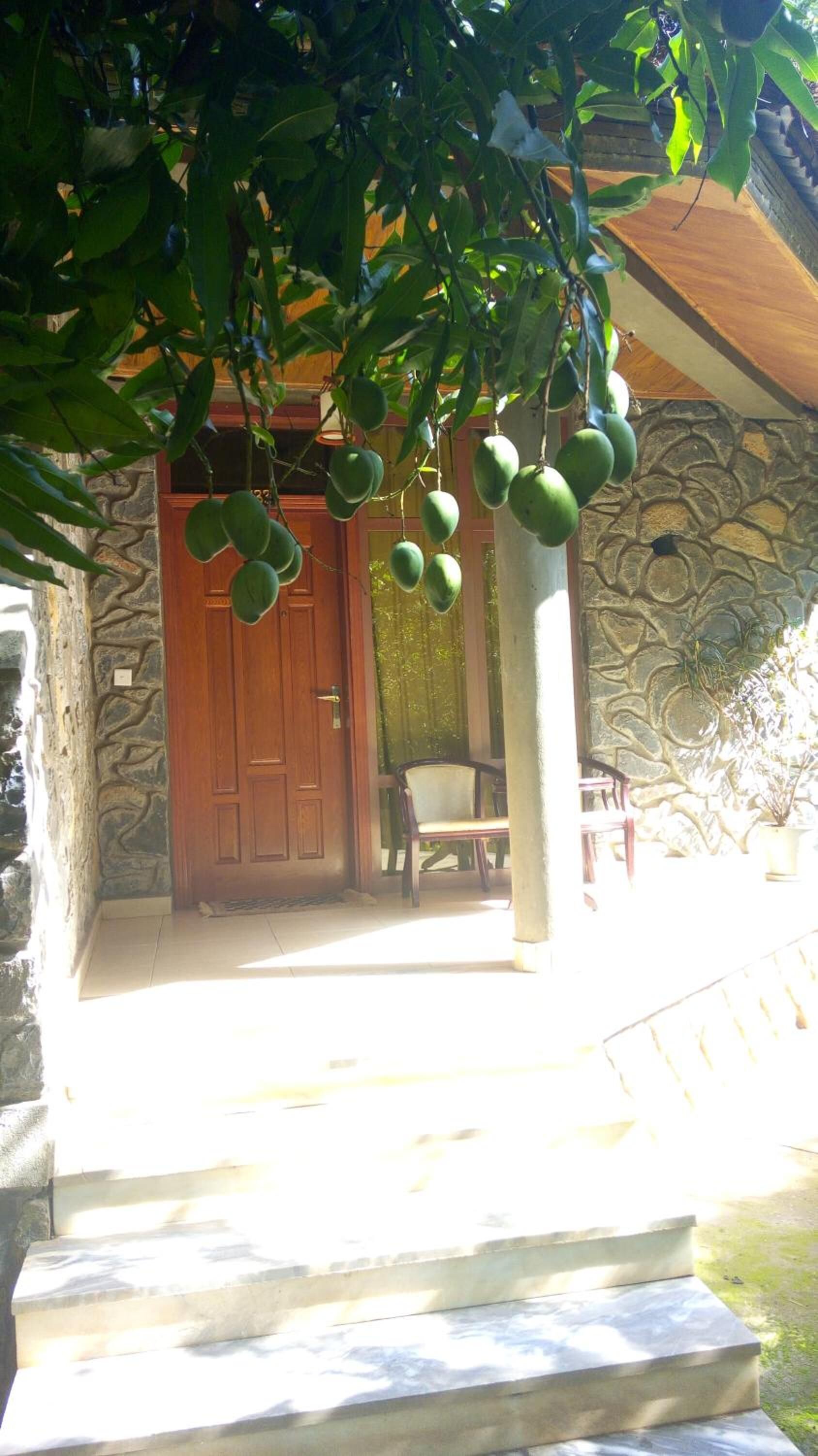 A stone building with a wooden door and a porch.