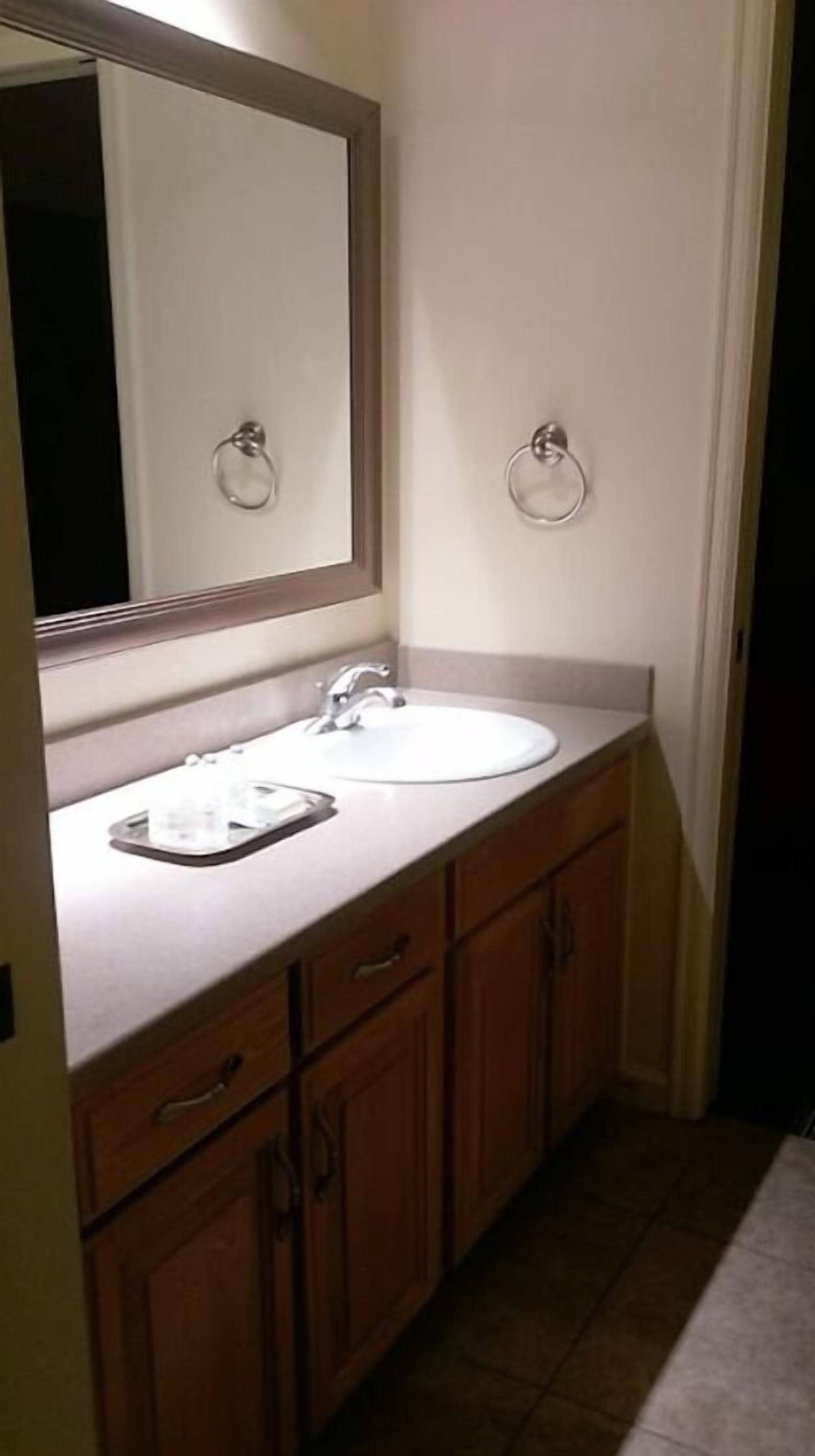 A bathroom with a white sink, a mirror, and wooden cabinets.