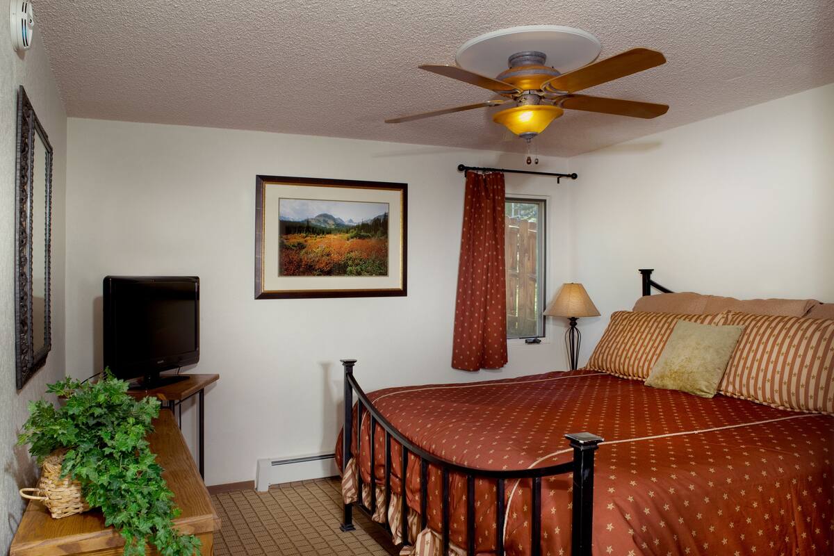 A bedroom with a bed, a television, a ceiling fan, a window with curtains, and a framed picture on the wall.
