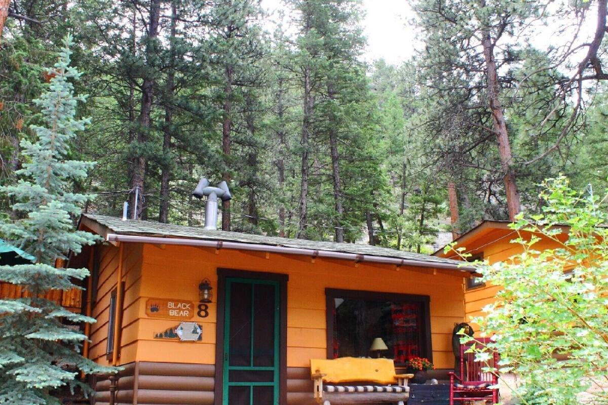 A log cabin with a green door, a chimney, and a sign reading "Black Bear 8".