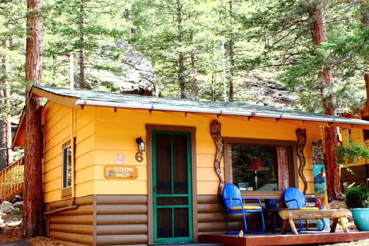 A log cabin with a green door, a porch with blue chairs, and a sign that reads "BIG HORN SHEEP".