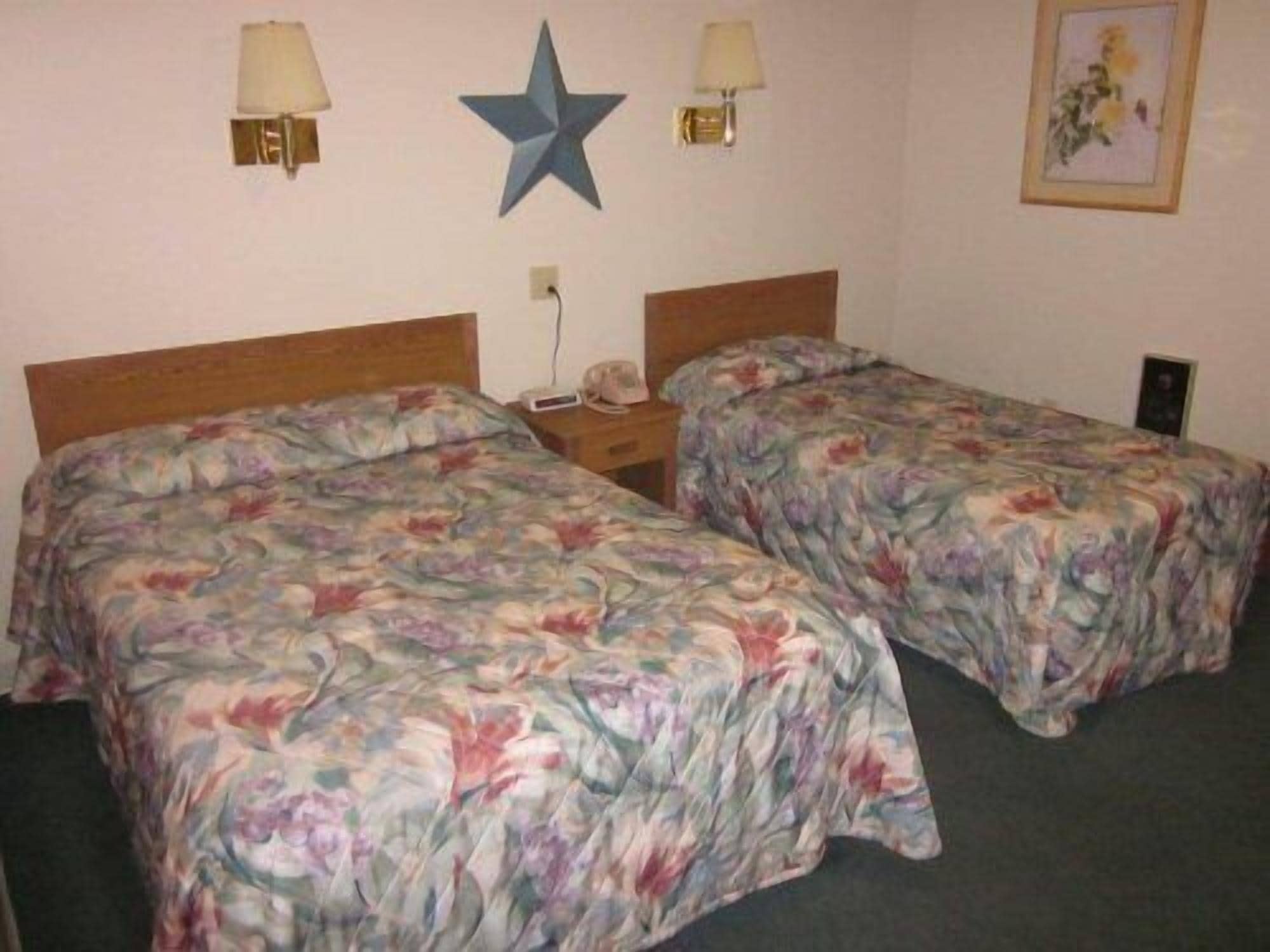 A room with two beds, each with floral bedding, a wooden headboard, bedside lamps, a star decoration, and a framed picture on the wall.