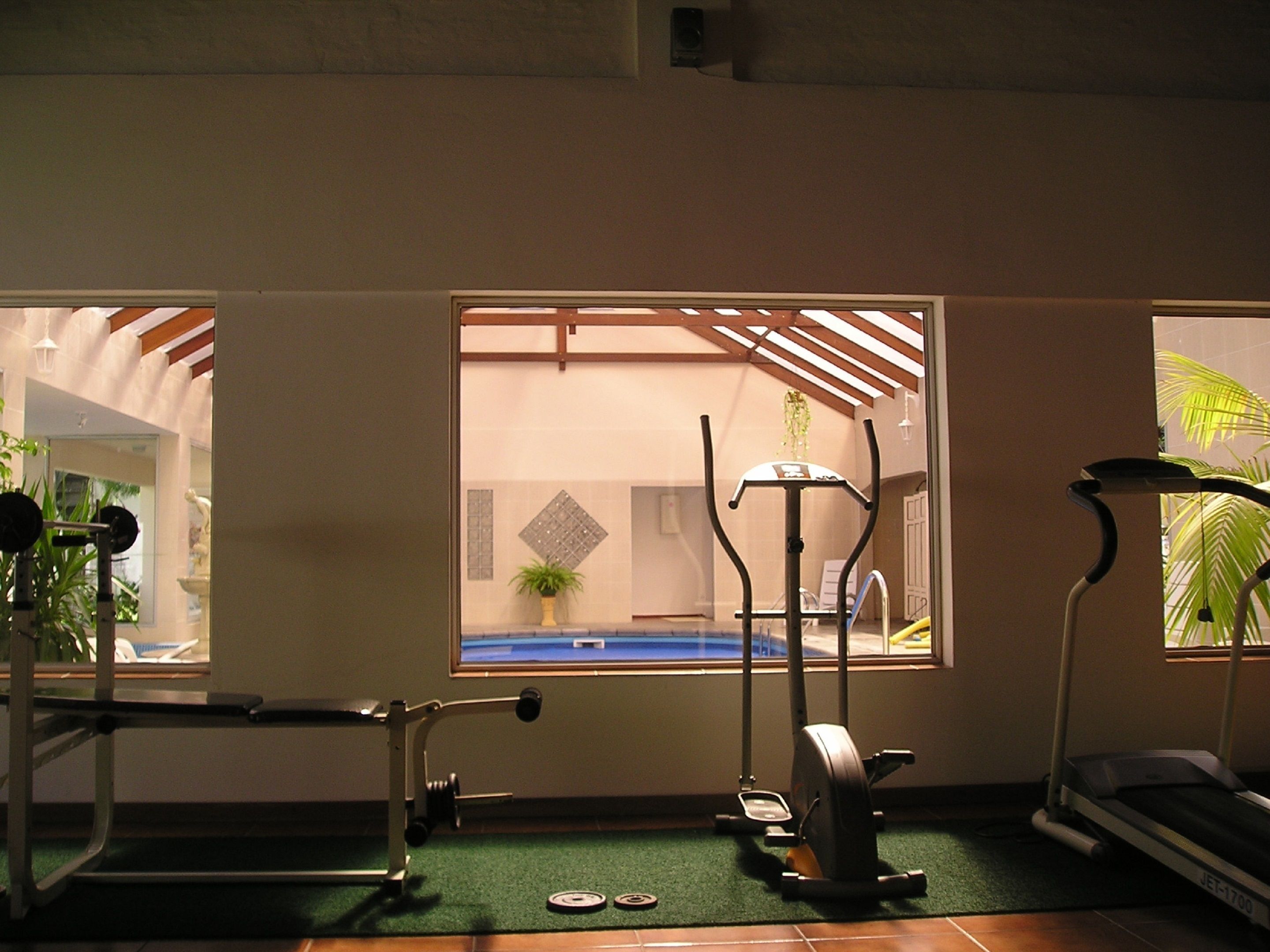 A home gym with exercise equipment, a treadmill, and a view of a swimming pool through a window.