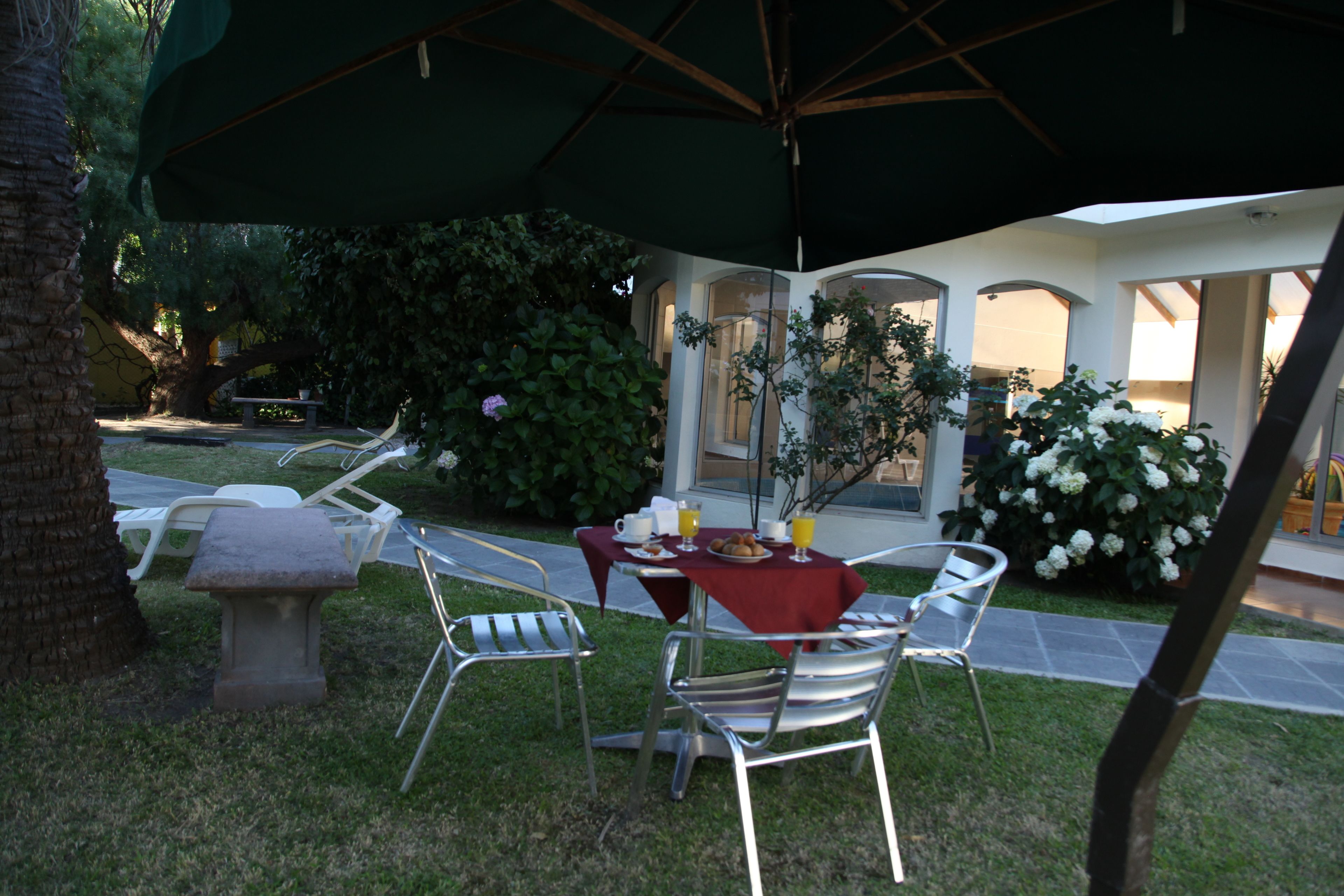 An outdoor patio with a table and chairs under a green umbrella, surrounded by greenery and a building with large windows.