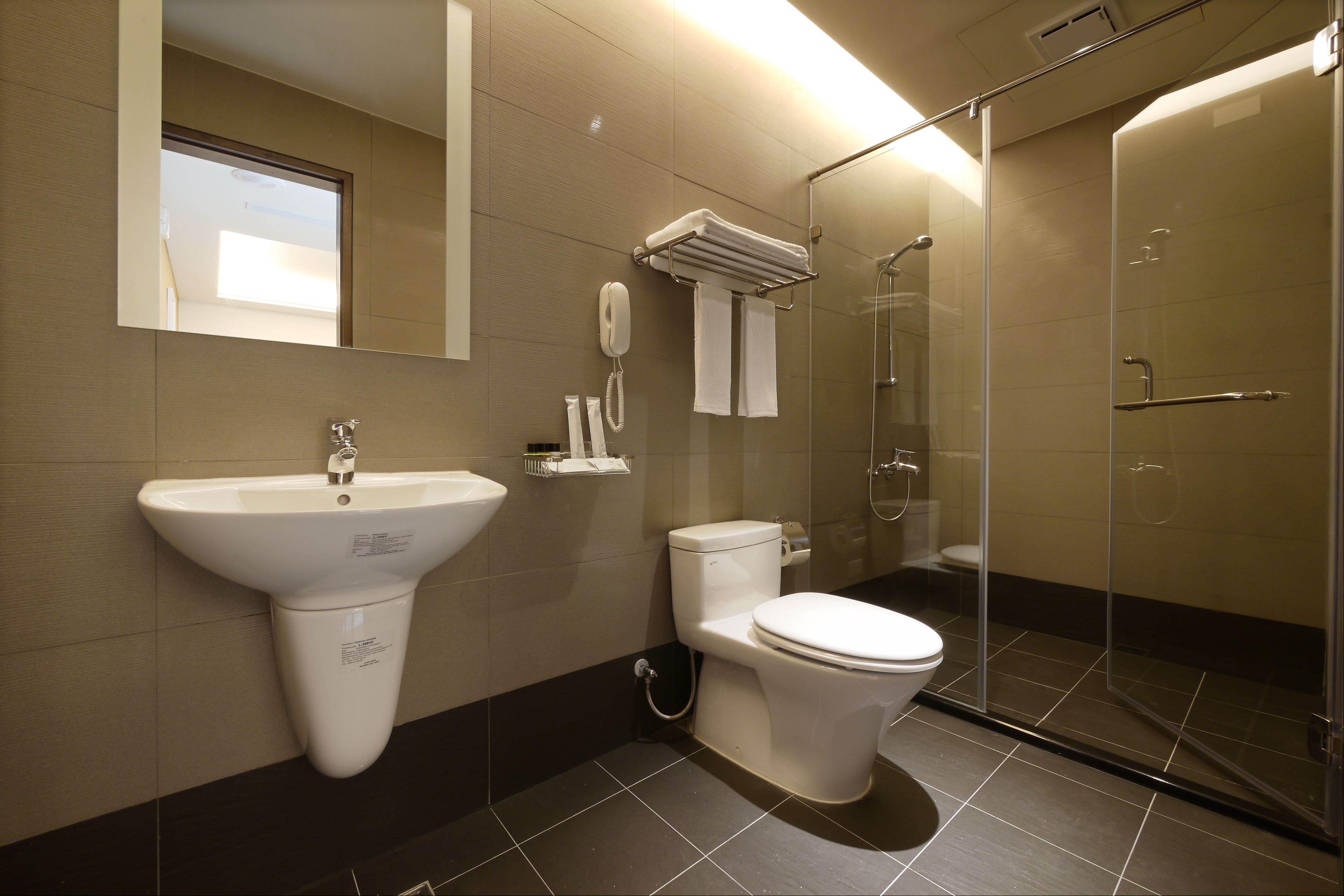 shower, hair dryer, towels, shampoo