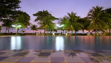 Outdoor pool, pool umbrellas, pool loungers