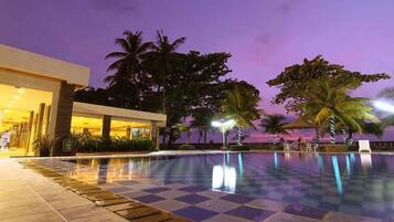 Outdoor pool, pool umbrellas, pool loungers