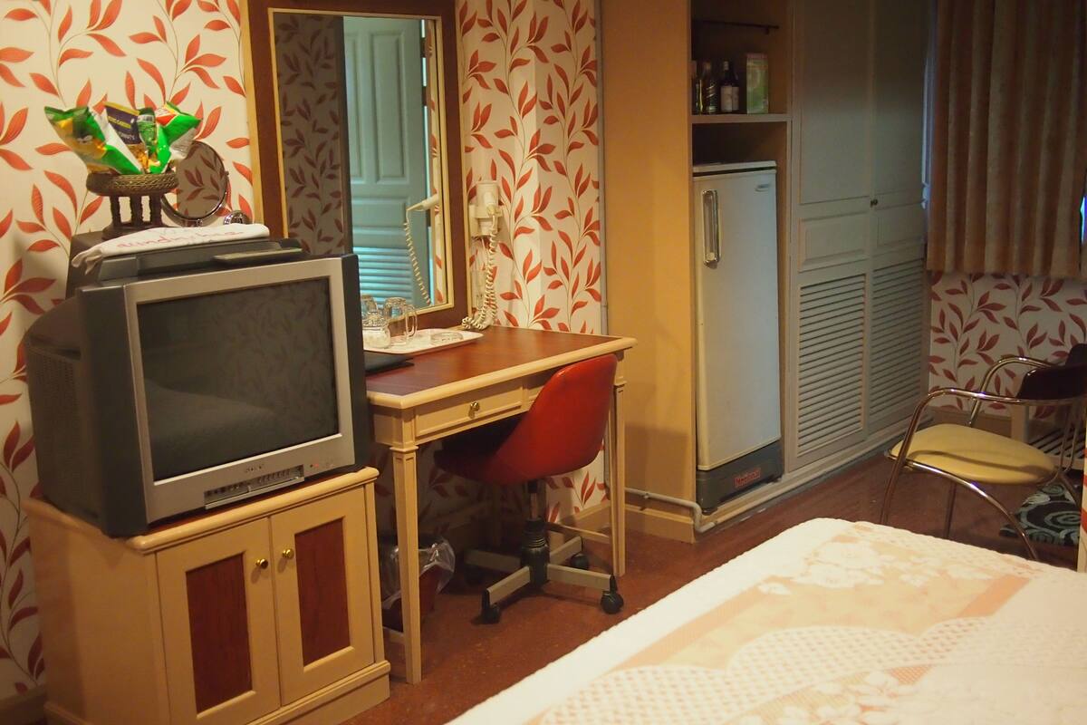 A hotel room with a bed, a desk with a chair, a television, a wardrobe, a mirror, and a wardrobe with a mirror.