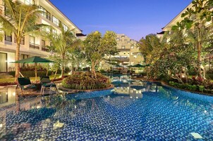 Outdoor pool, pool umbrellas, pool loungers