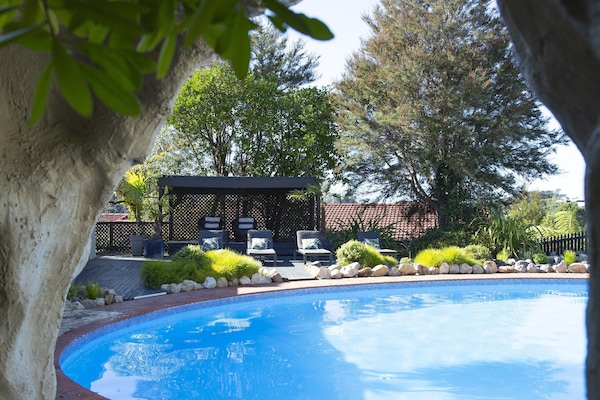 Indoor pool, outdoor pool, open 8 AM to 8 PM, pool umbrellas