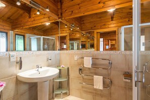 Spa Suite | Bathroom | Shower, hair dryer, bathrobes, towels