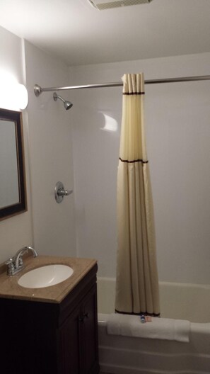 Combined shower/tub, hair dryer, towels