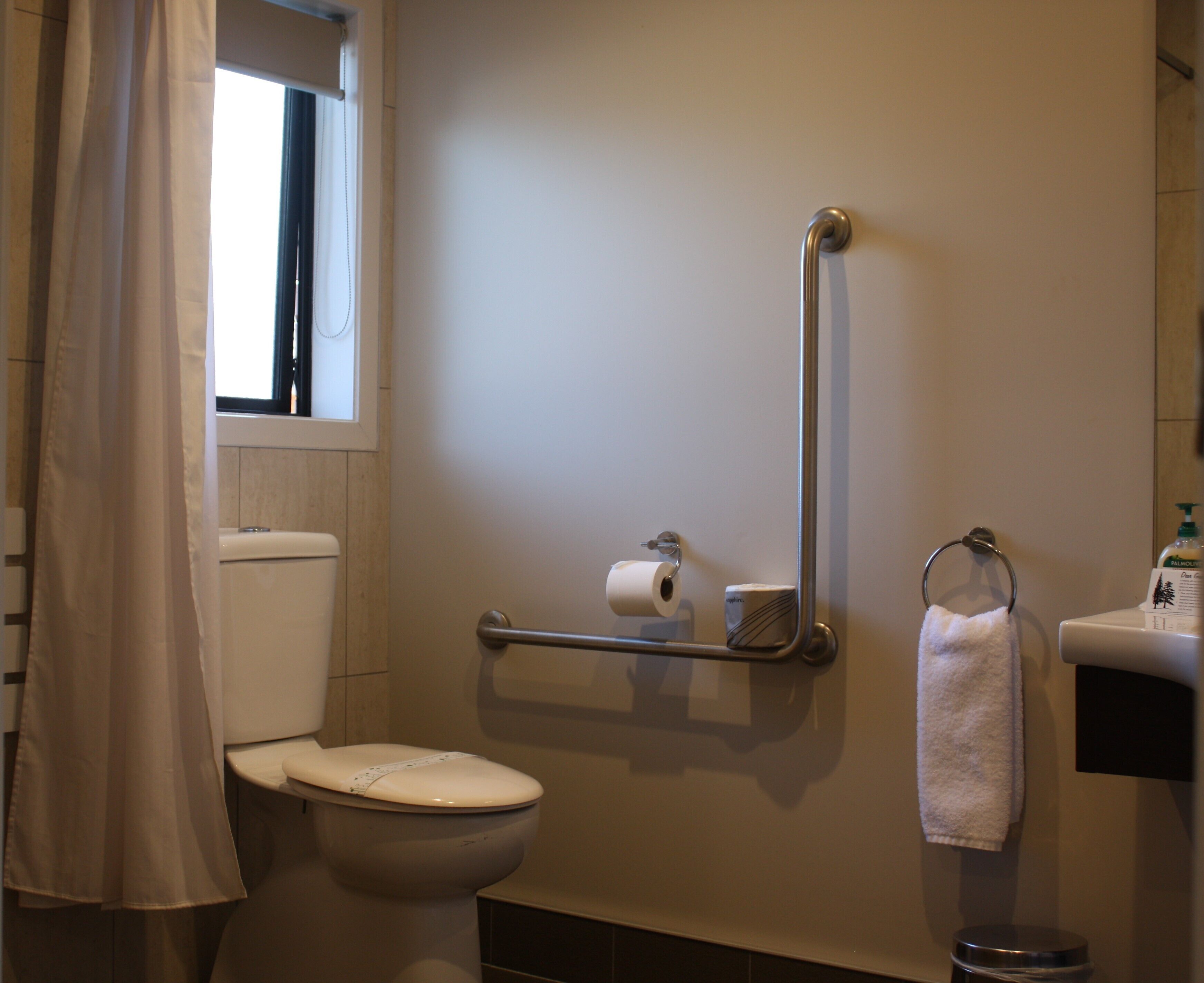 A bathroom with a toilet, a handrail, a towel rack, and a window with a curtain.