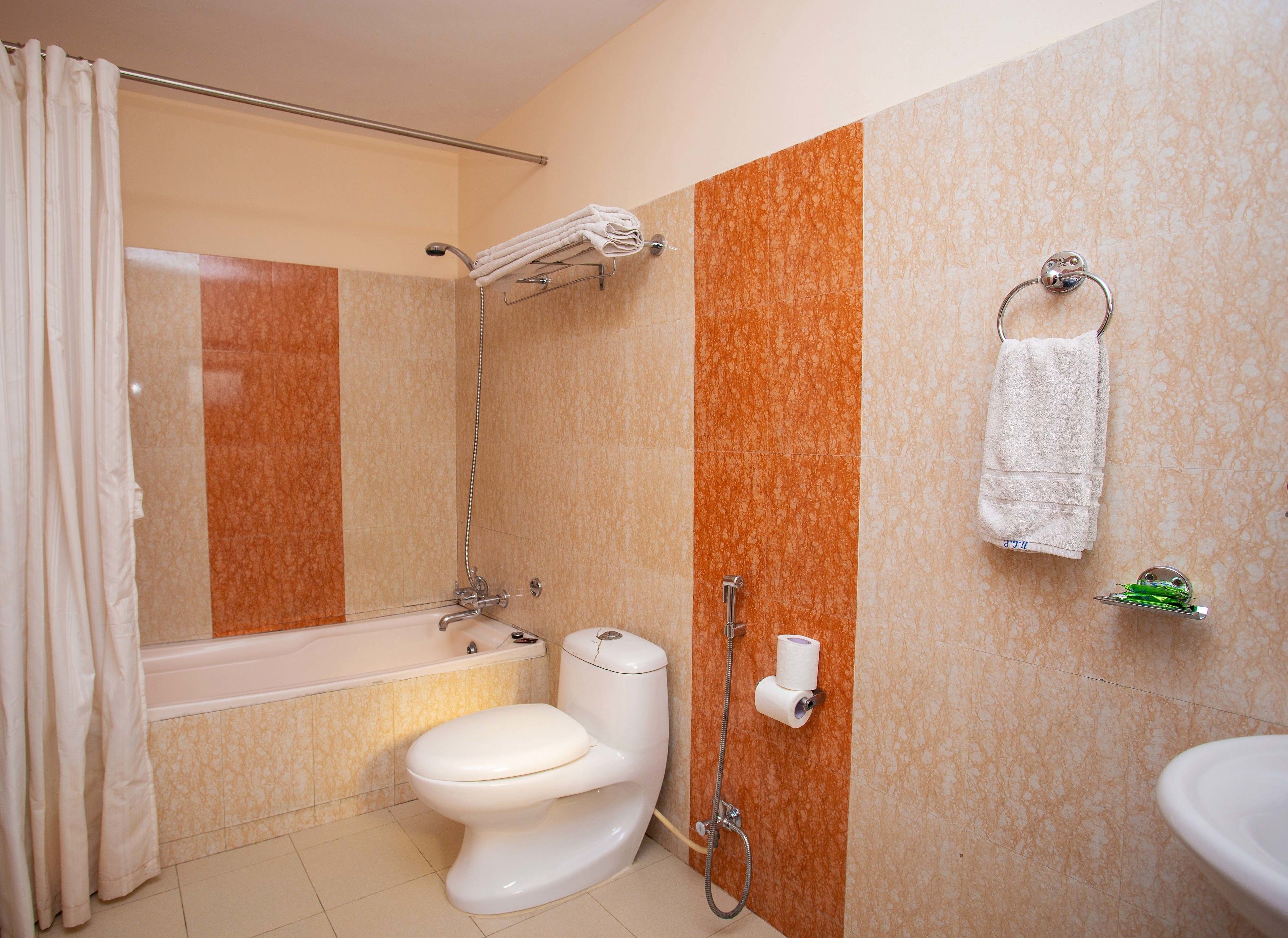 Une salle de bain avec une baignoire, des toilettes et une douche.