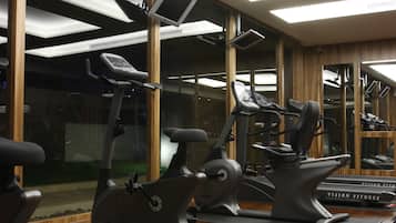 A gym with exercise equipment, wooden flooring, and large windows.