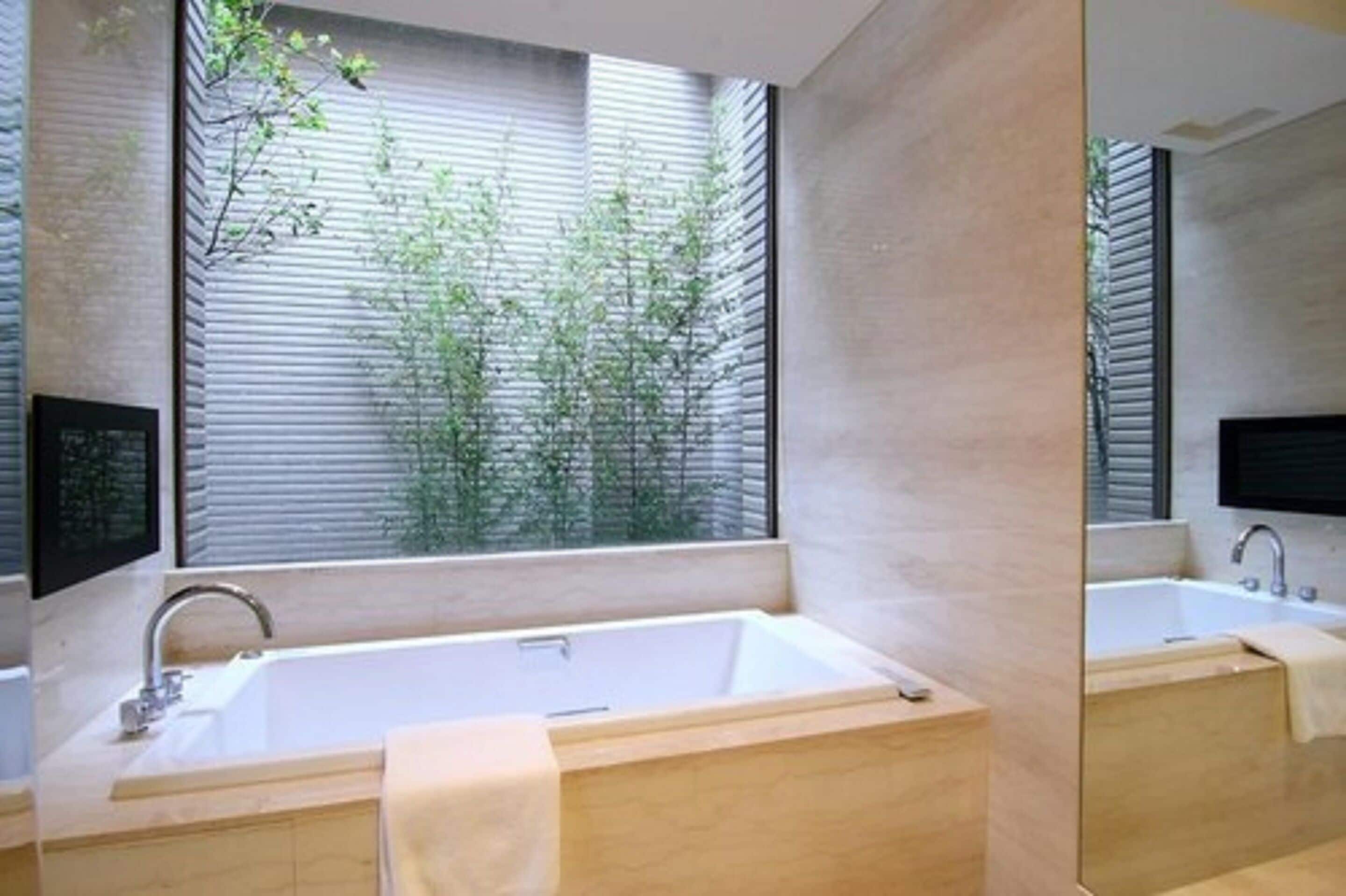 separate bathtub and shower, deep-soaking bathtub