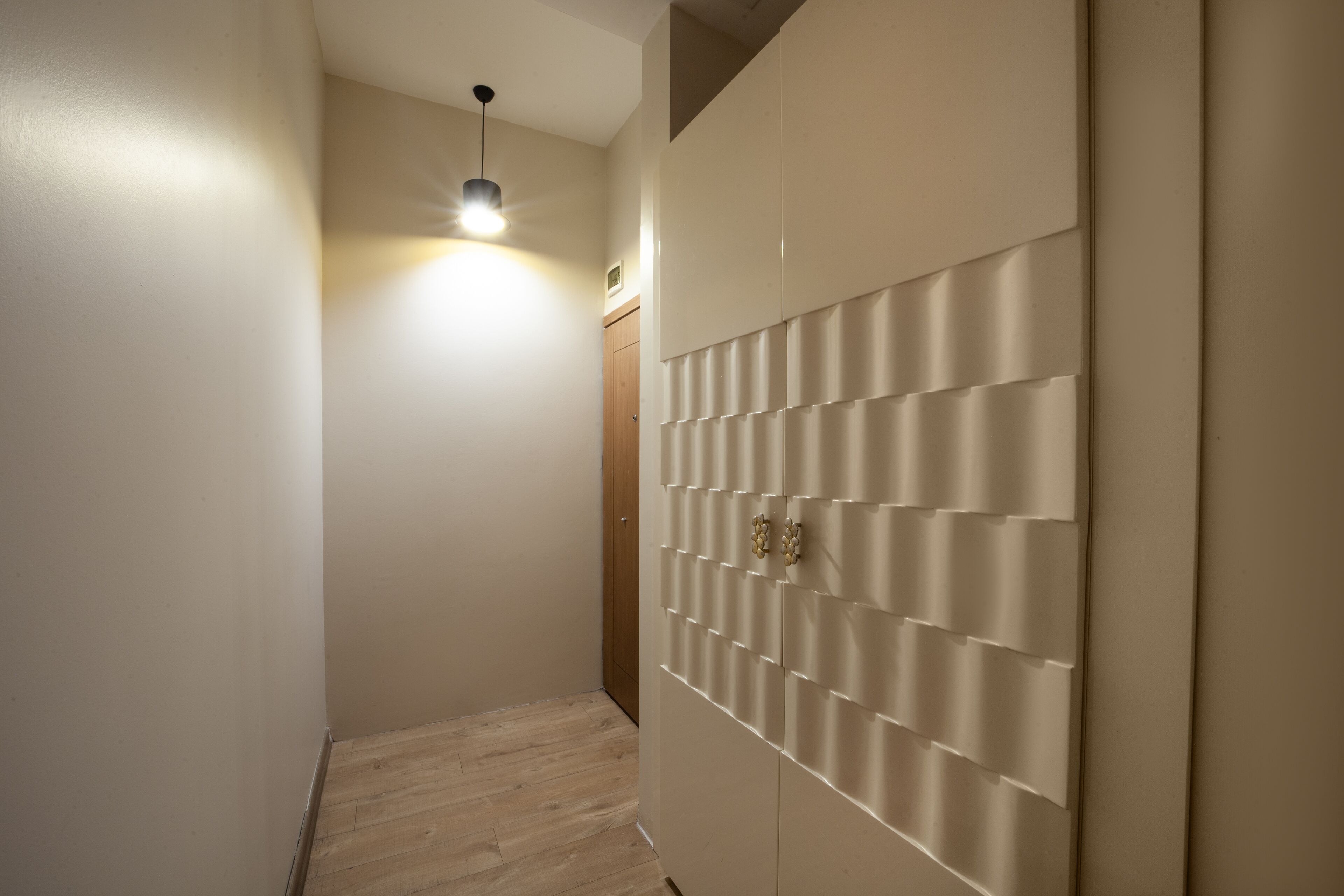 Un couloir doté d’un plancher en bois, d’un mur orné d’un panneau à motifs en relief et d’un luminaire suspendu.