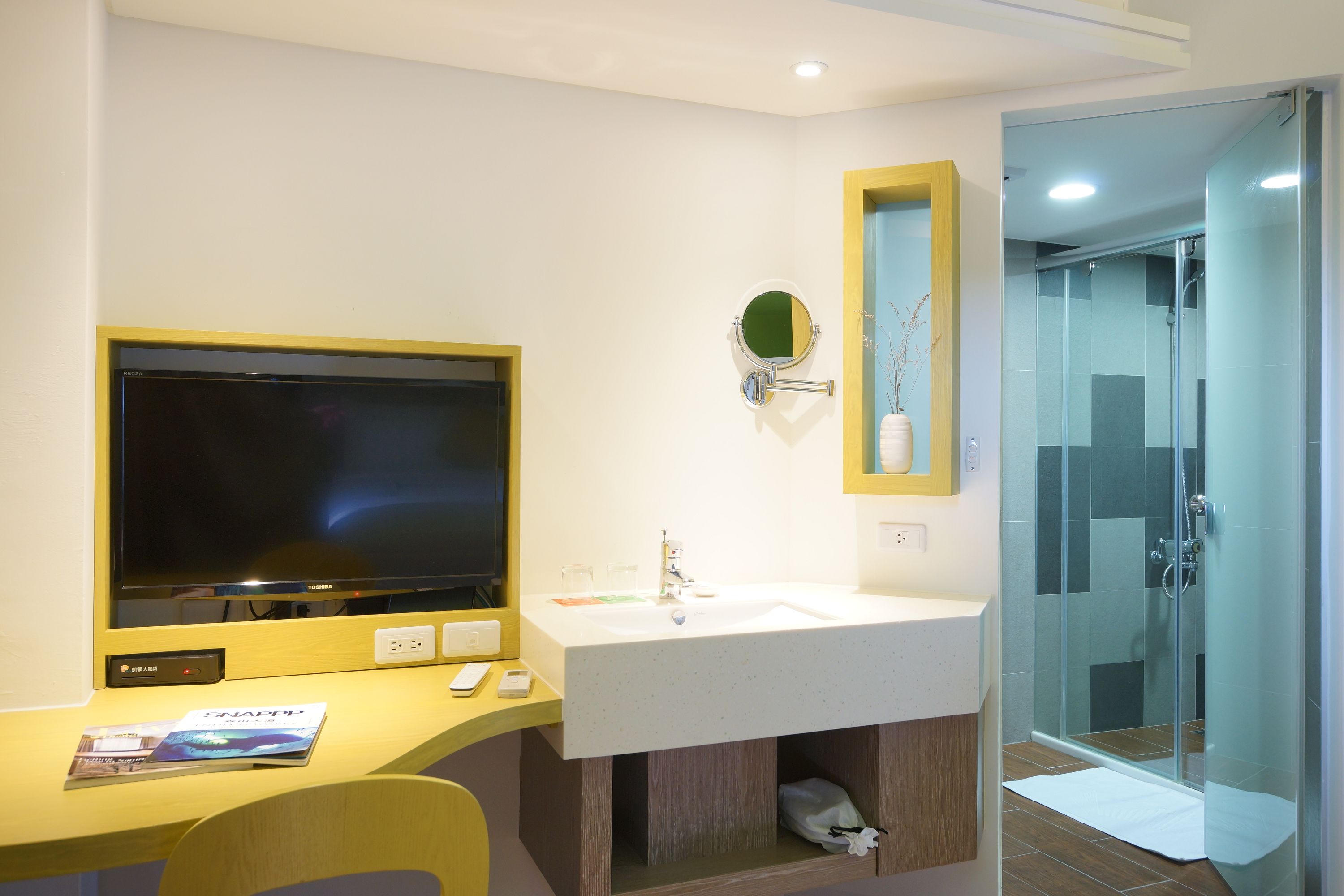 A modern bathroom with a TV, sink, and shower.