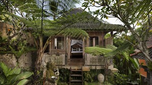 A traditional wooden house with a balcony, surrounded by lush greenery and a small pond. - Pondok Sebatu Villa (Sebatu)