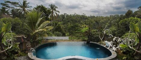 Un área de piscina con dos jacuzzis y sillones reclinables, rodeada de vegetación tropical y vistas a un paisaje exuberante.