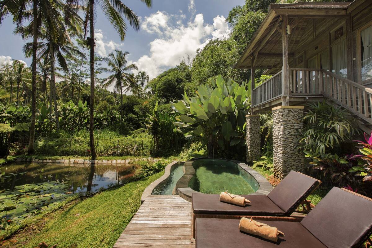 Ein Poolbereich mit Liegestühlen und einer Holzterrasse.
