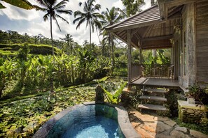 A pool surrounded by lush greenery and a wooden structure with a porch. - Pondok Sebatu Villa (Sebatu)