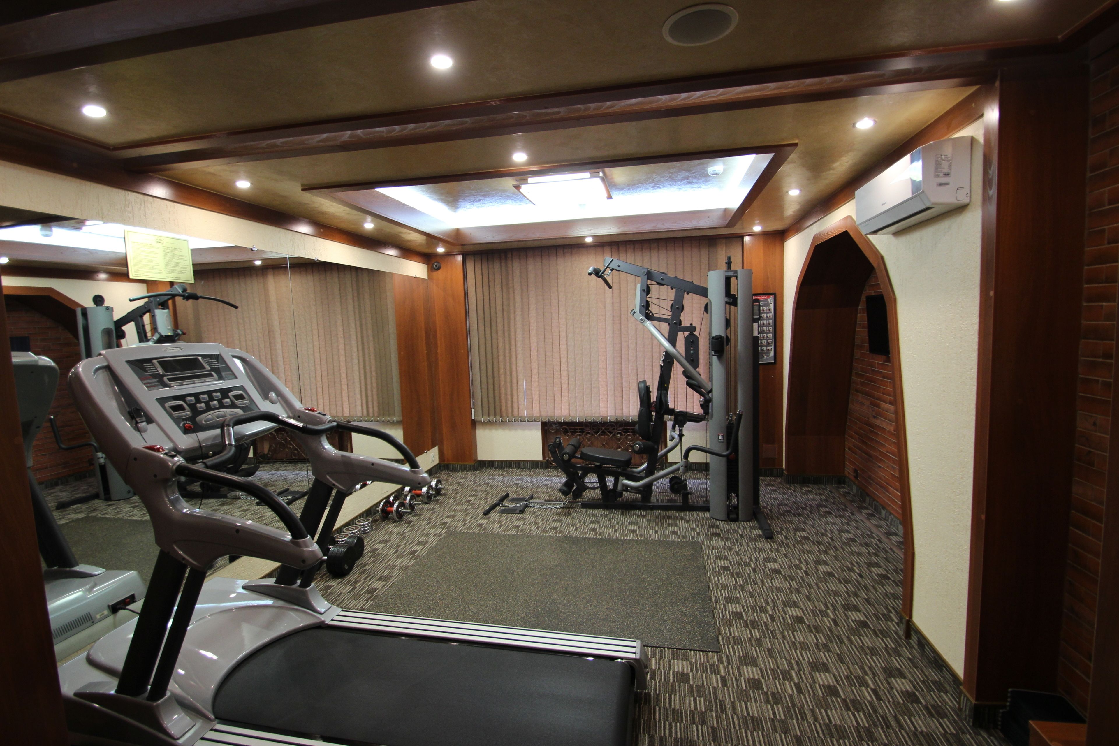 Un gimnasio con cintas de correr, máquinas de pesas y un espejo grande.
