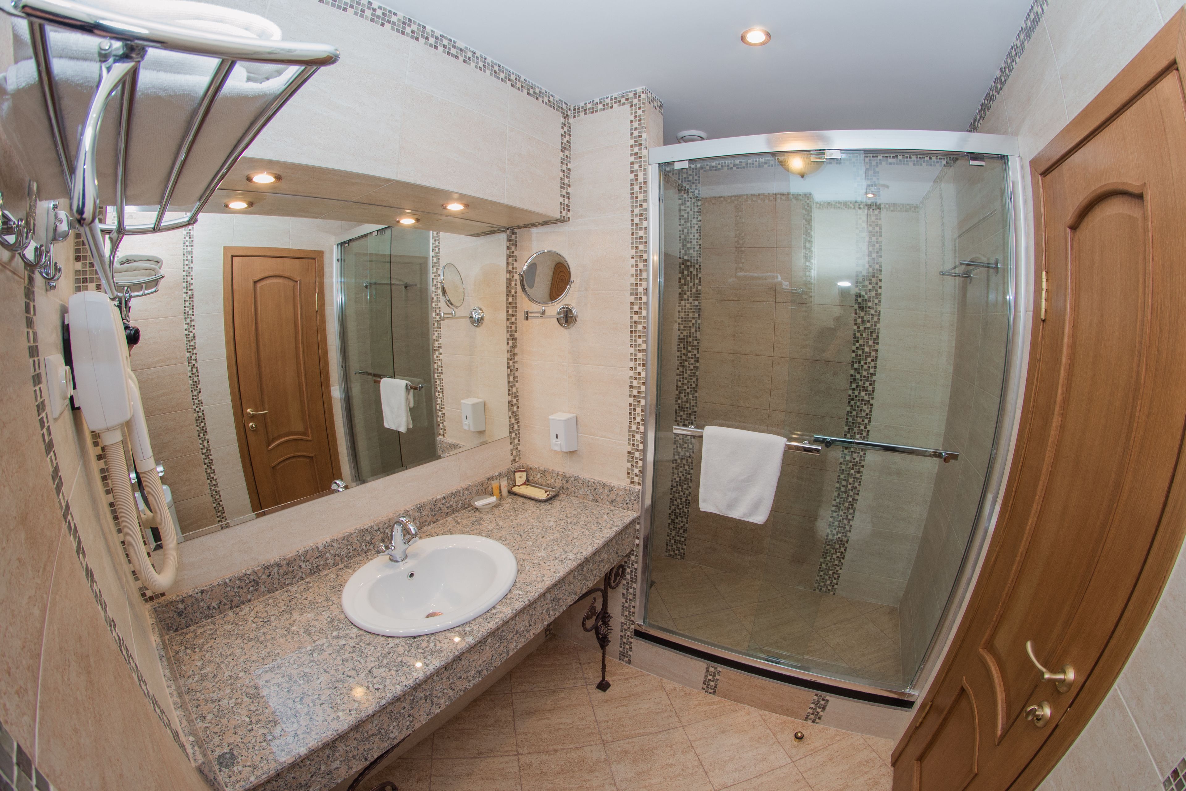 A bathroom with a granite countertop sink, a large mirror, a glass shower enclosure, and a wooden door.