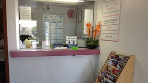A reception desk with a calendar, a notice board, and a small plant. - Royal Inn (Tonawanda)