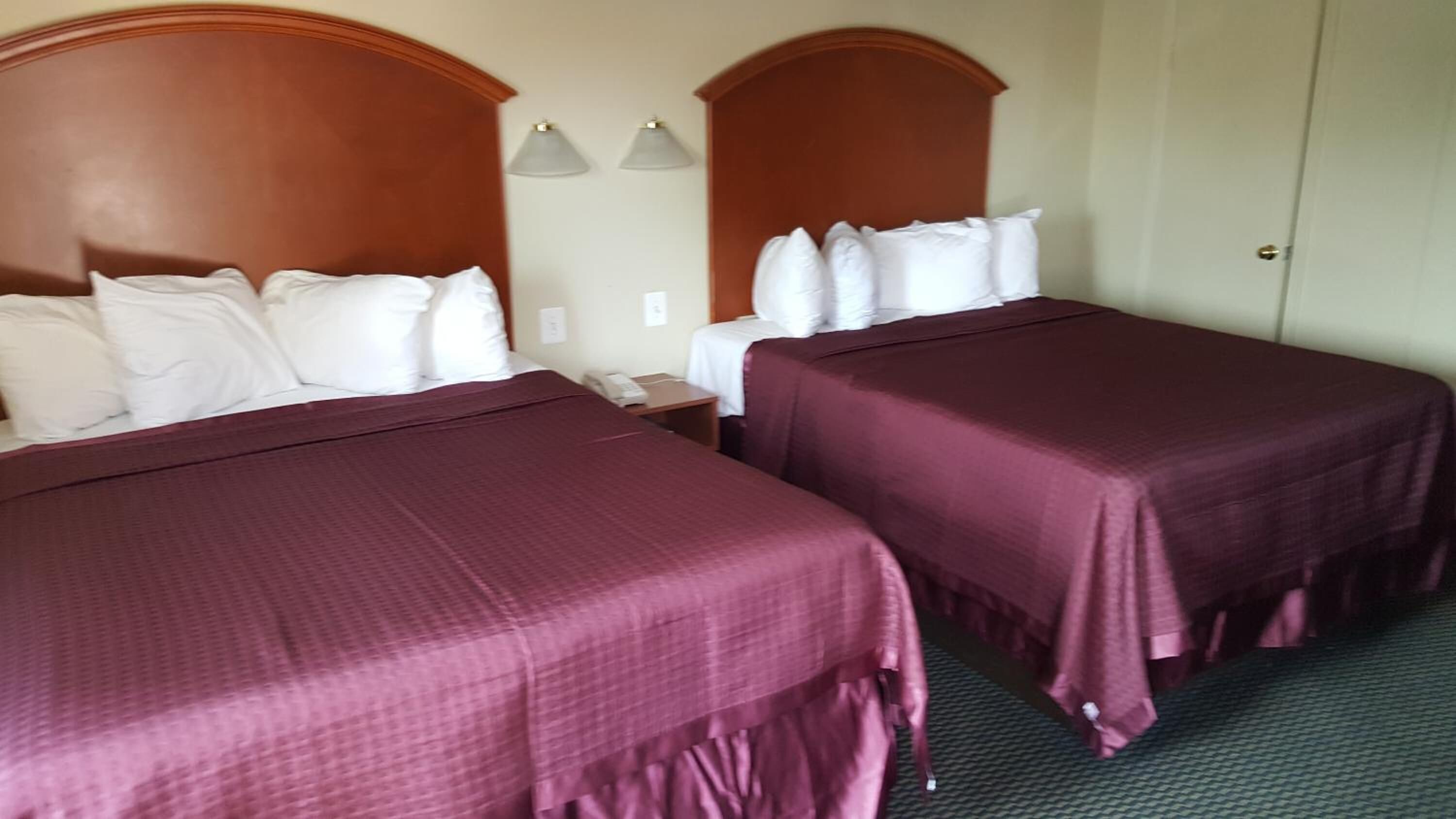 Camera d'albergo con due letti, ognuno dotato di poggiatesta e cuscini. Si nota un comodino con un telefono e una lampada.