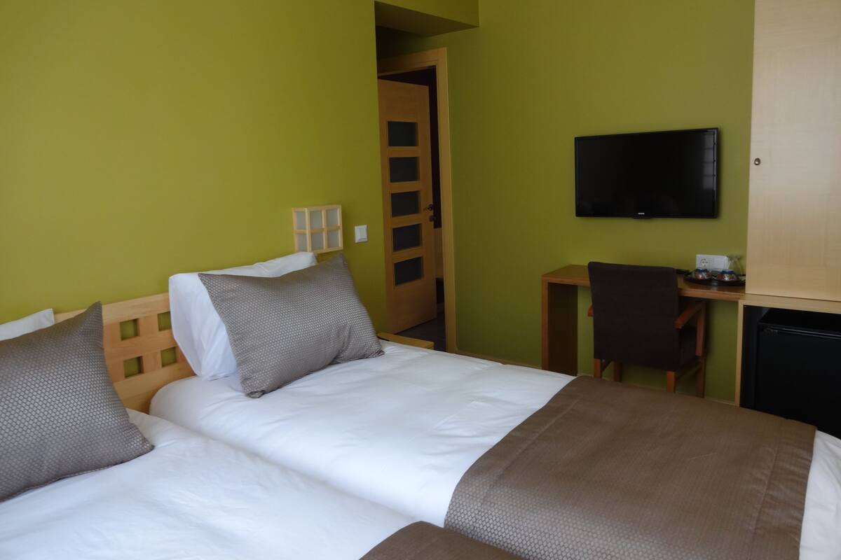 A hotel room with a bed, a desk, a chair, and a television.