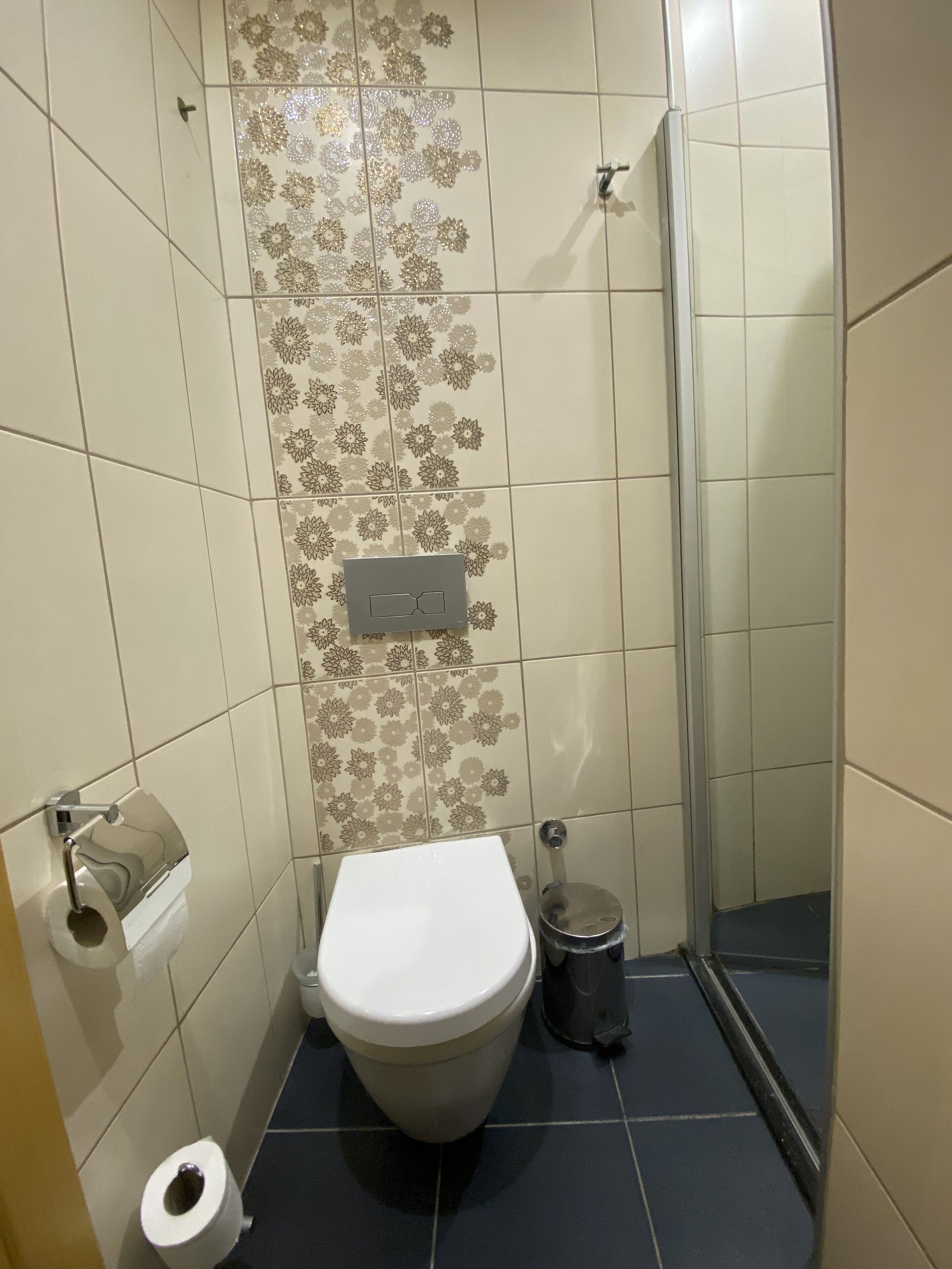 A bathroom with a toilet, a bidet, a shower, and a toilet paper holder.