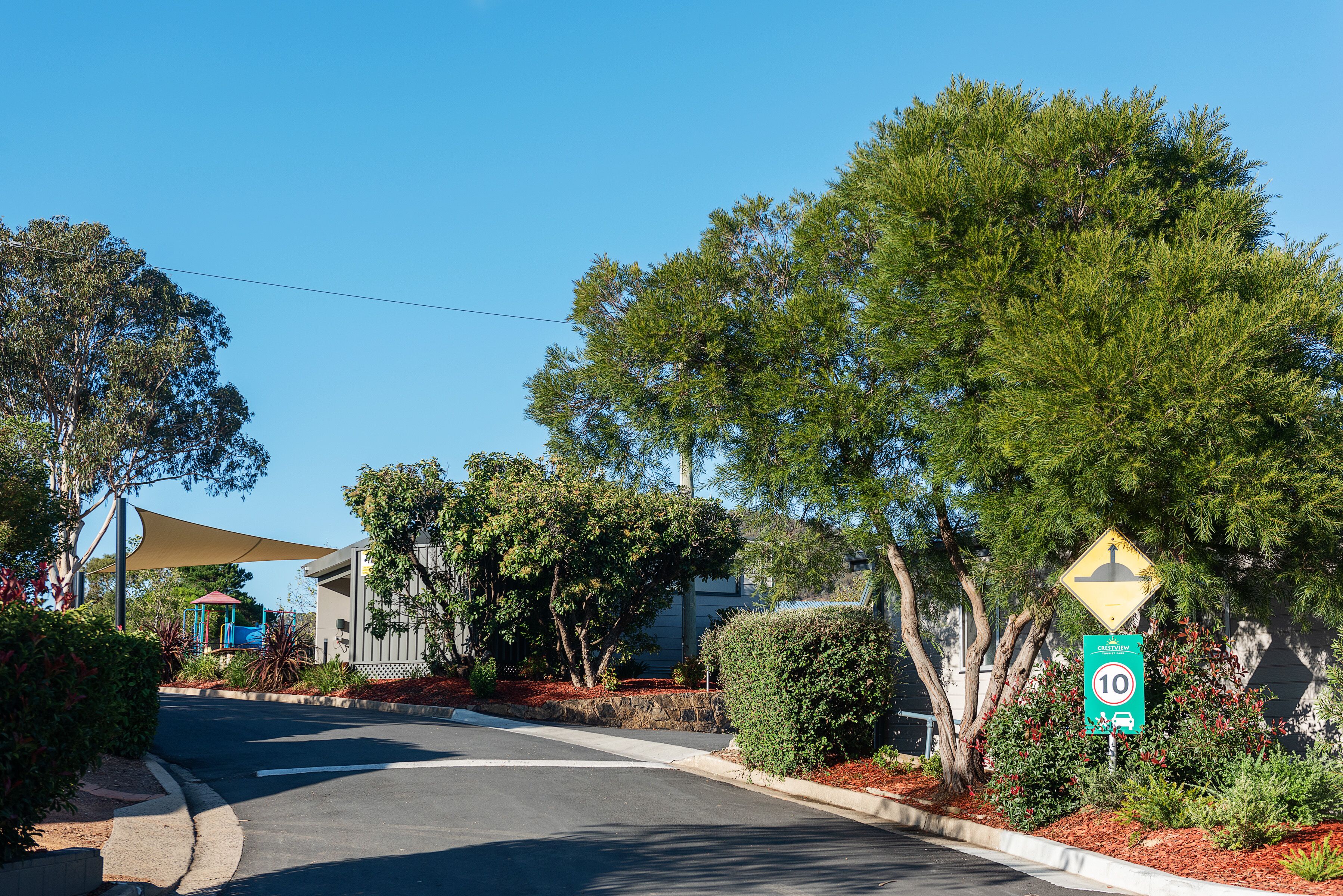 A residential street with a speed limit sign, a playground, and a large tree.