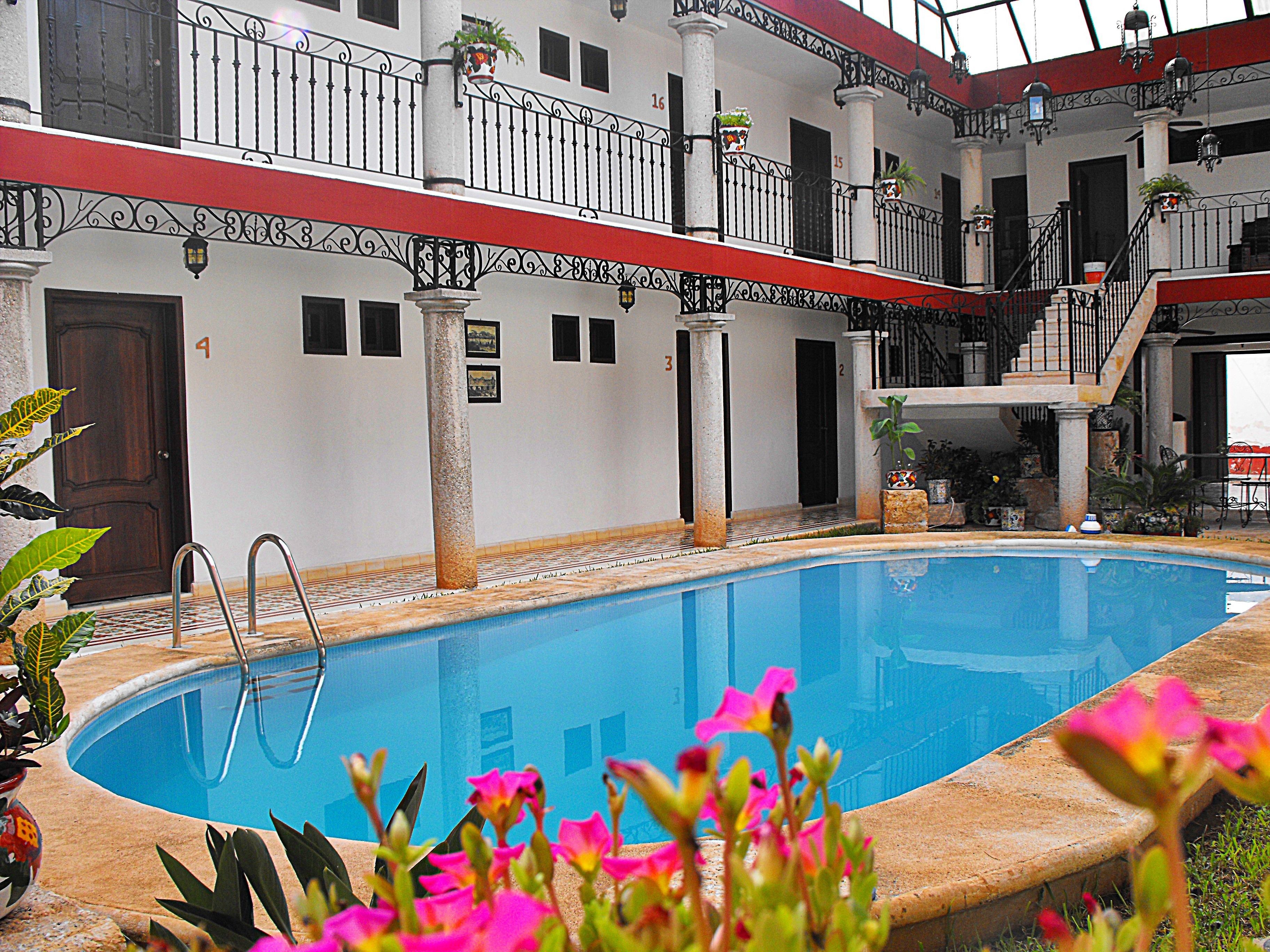 outdoor pool, pool loungers