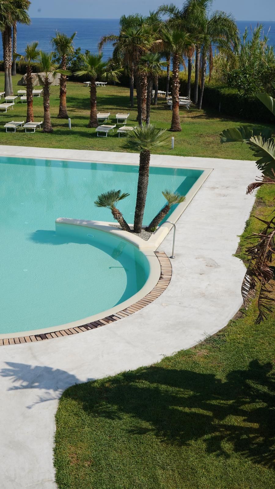 Una piscina de borde curvo, rodeada de palmeras y tumbonas.