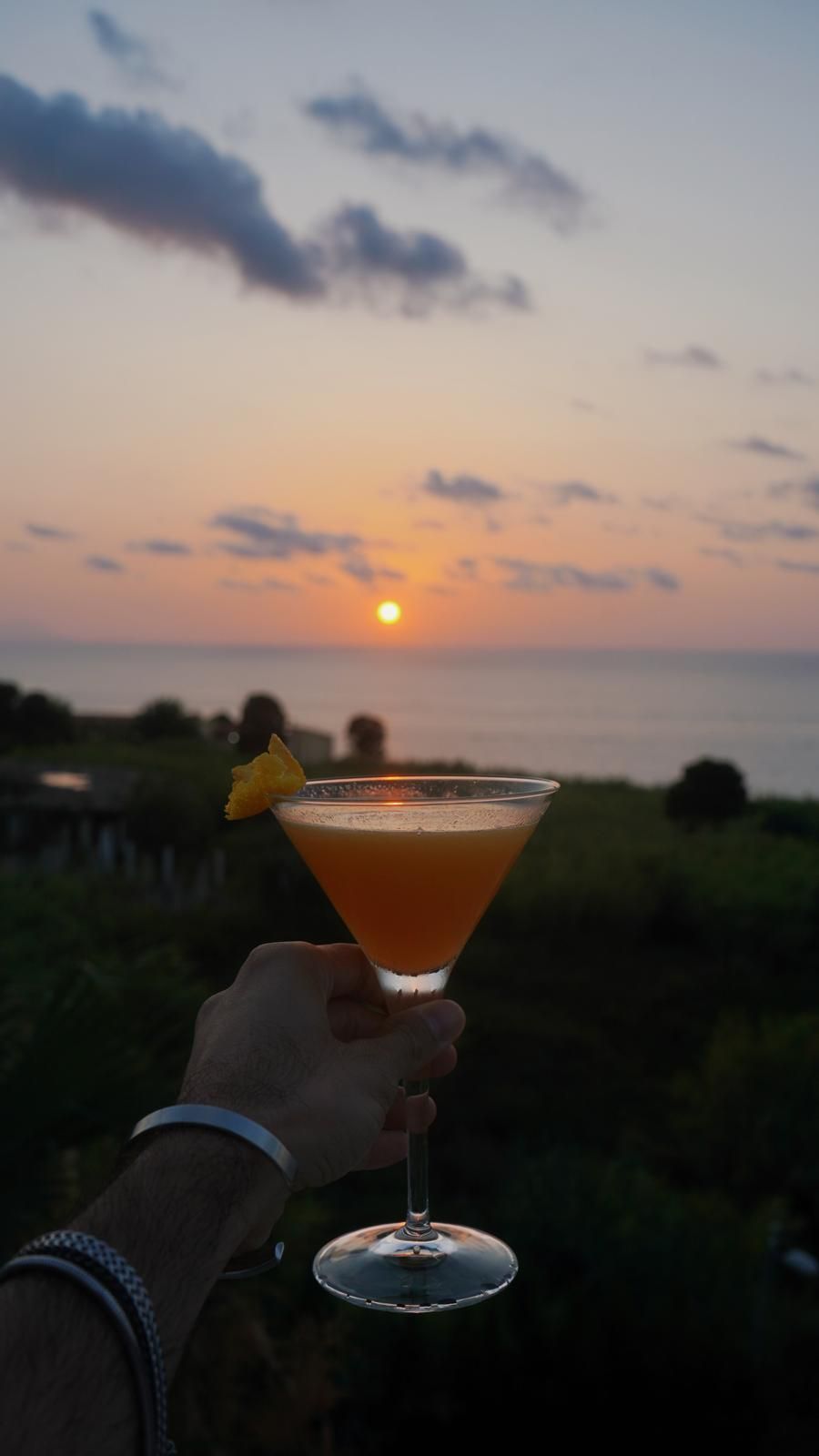 A hand holding a cocktail glass with a lemon twist, set against a sunset over the ocean.