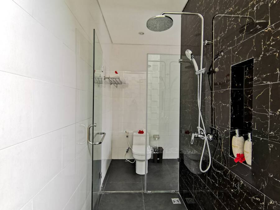 A modern bathroom with a glass shower enclosure, a toilet, and a vanity with a black marble backsplash.