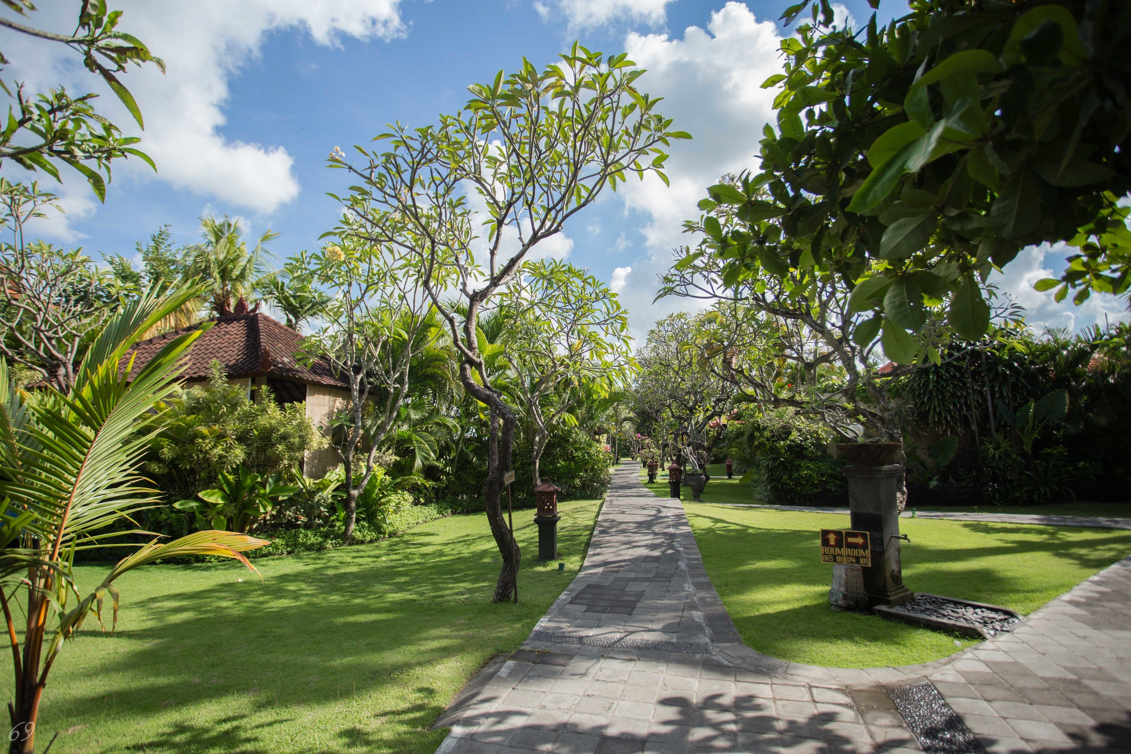A pathway leading through a lush garden with a stone bench and a sign indicating a direction.