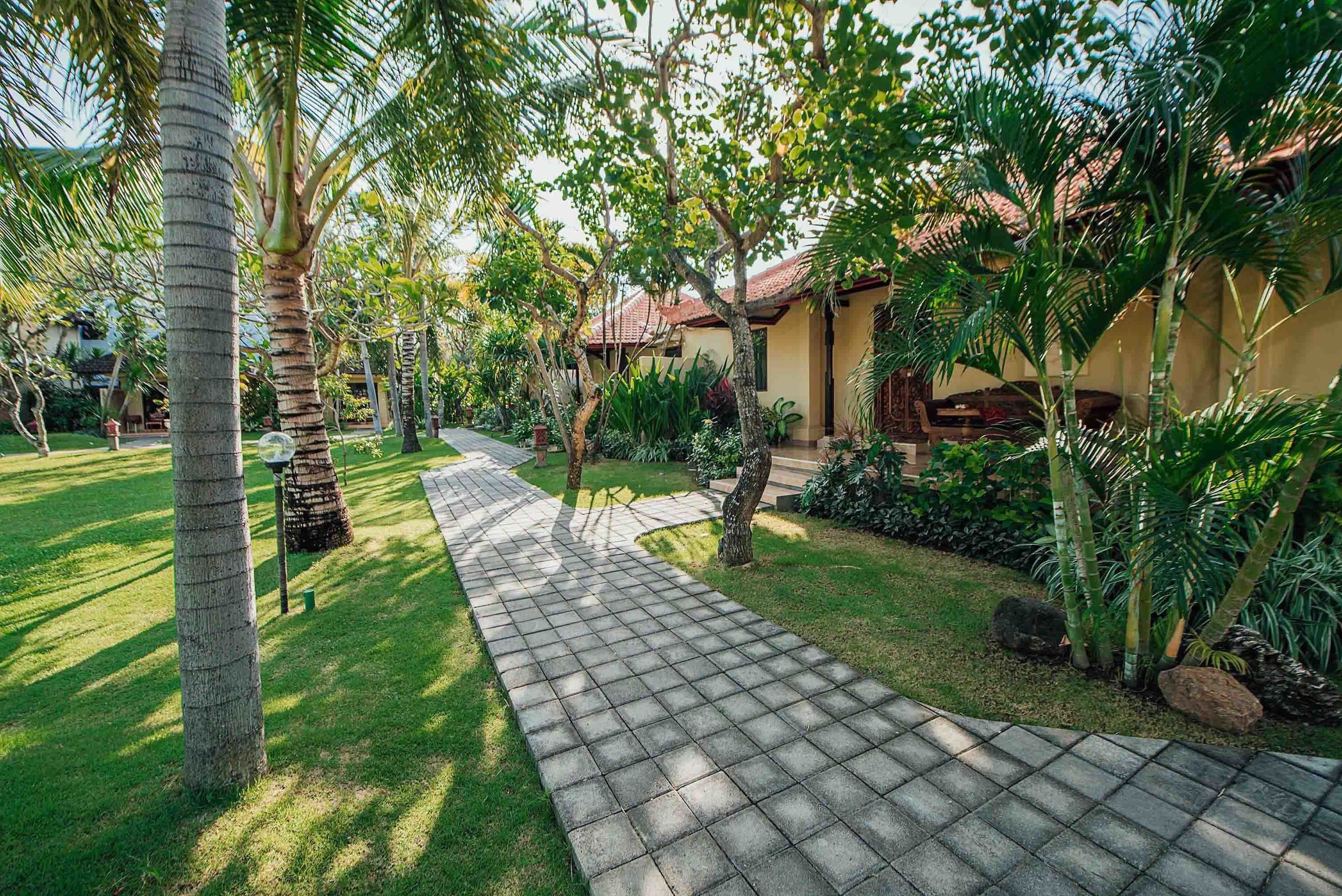 A paved pathway leading to a building with a tiled roof, surrounded by lush greenery and palm trees.