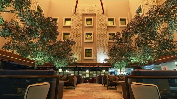 Um hall de hotel com área de estar central, parede estampada e árvores.